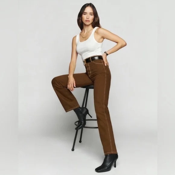 Reformation Women’s Cowboy Straight Jeans in Chocolate Contrast Stitch- Size 26 - Picture 1 of 12